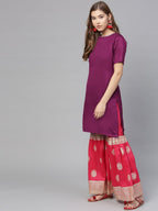 Ahalyaa Women's Purple Poly Silk Solid Kurta and Red Printed Sharara With Dupatta | Grocsy