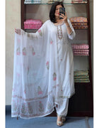The52 White Women's Gorgeous Georgette Butti Fabric Embroidered Work Straight Kurta Pant and Dupatta Set | Grocsy