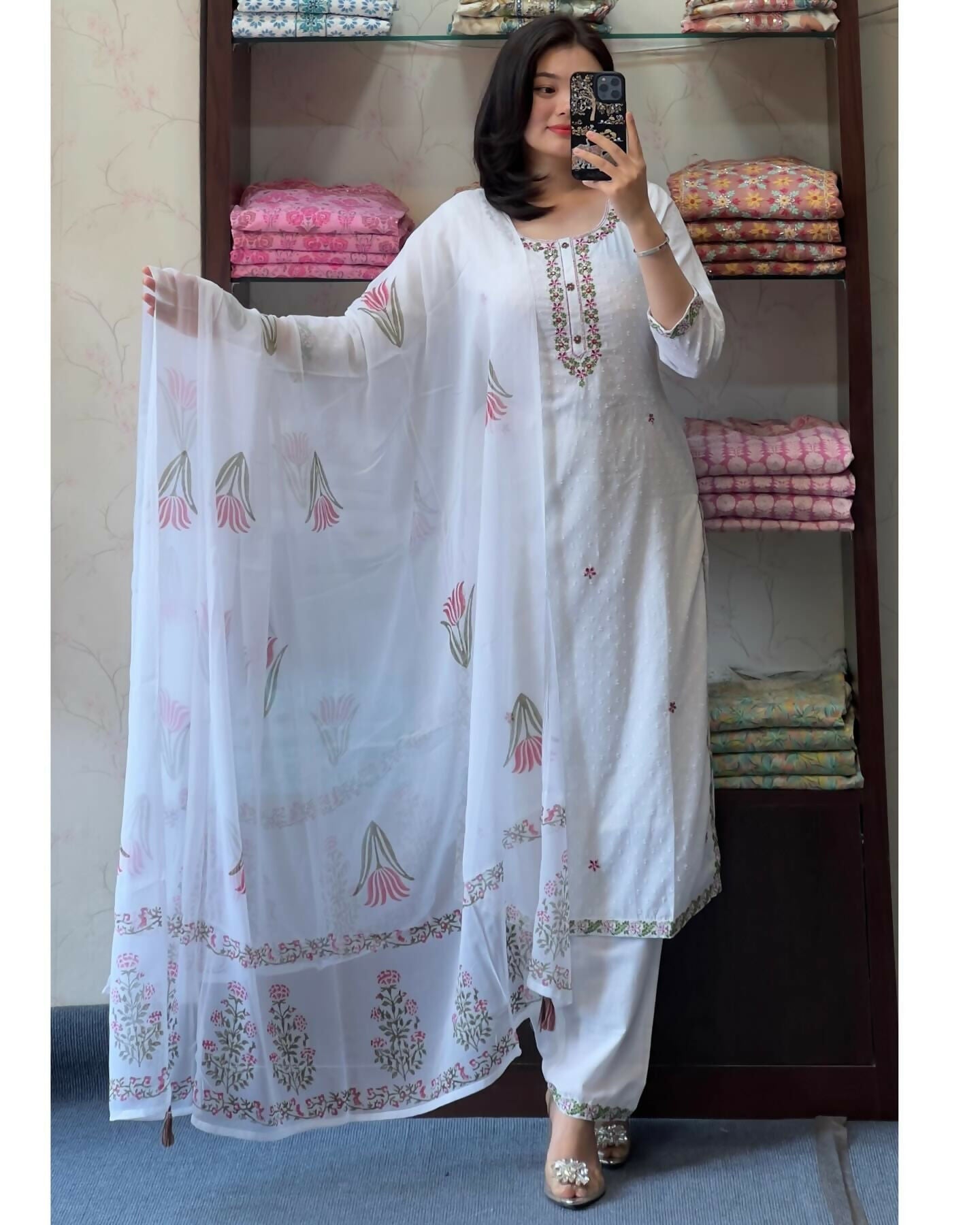 The52 White Women's Gorgeous Georgette Butti Fabric Embroidered Work Straight Kurta Pant and Dupatta Set | Grocsy