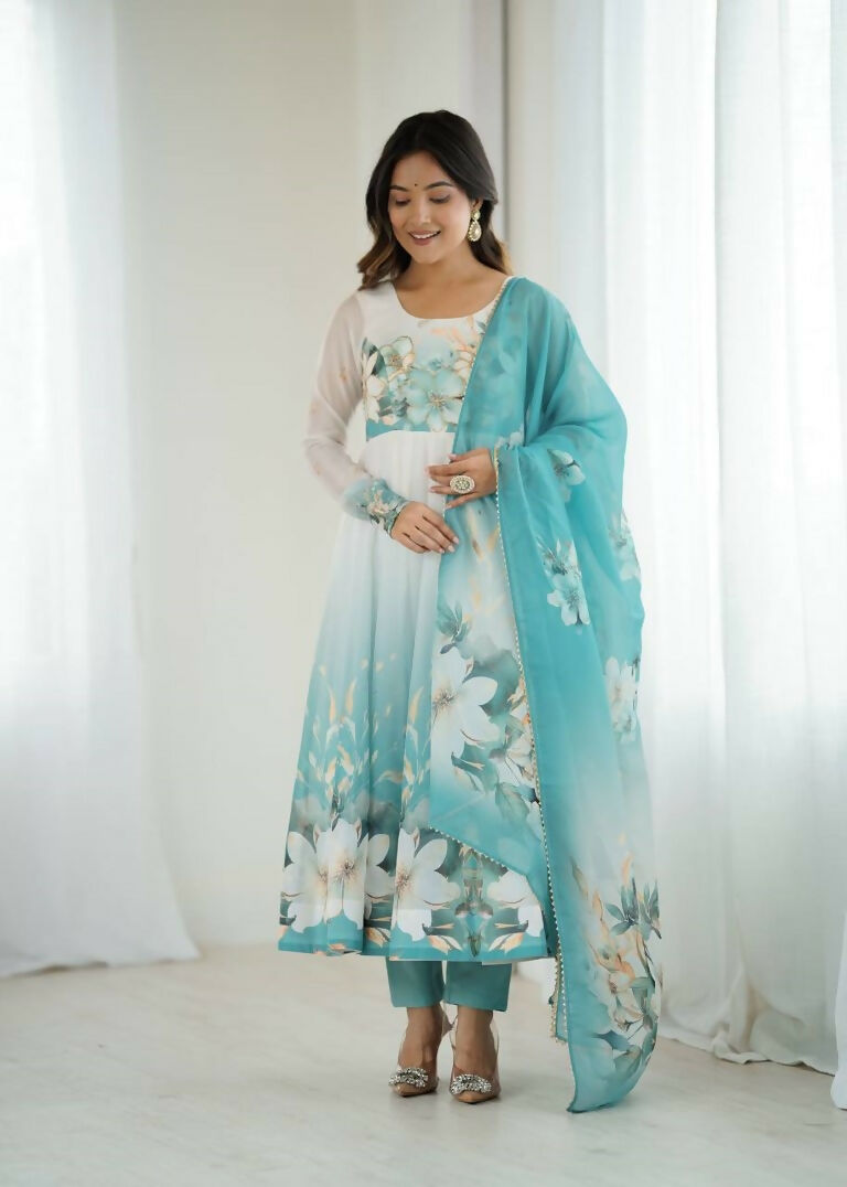 Teeya Creation Aquablue Color Soft organza Silk Digital Print Party Wear Gown | Grocsy
