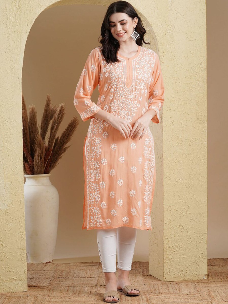 ADA Ethnic Motifs Embroidered Lucknowi Chikankari Detailed Modal Cotton Straight Kurta | Grocsy