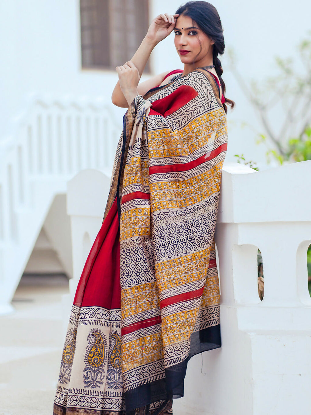 Zibaa Hand-Blocked Pure Maheshwari Silk Red Saree | Grocsy