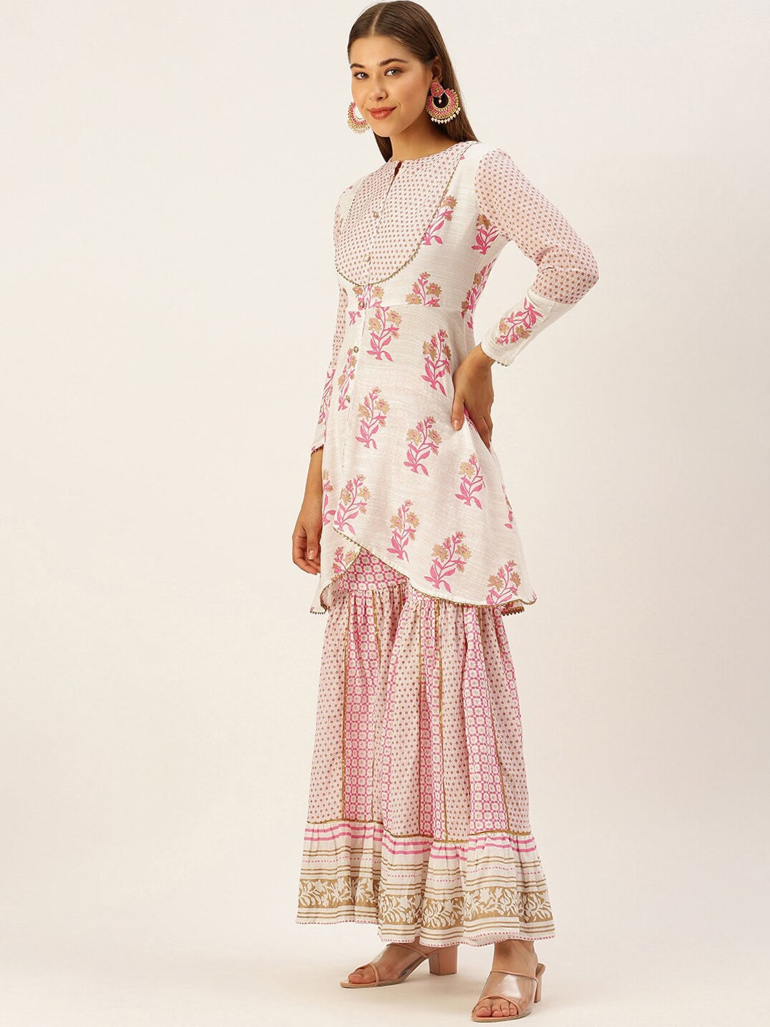 HERE&NOW Women White Floral Printed Kurta with Sharara With Dupatta | Grocsy