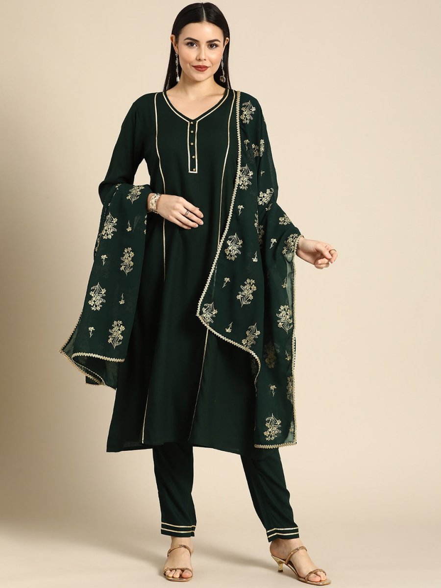 All About You Women Green & Gold-Toned Gotta Patti Kurta with Trousers & With Dupatta | Grocsy
