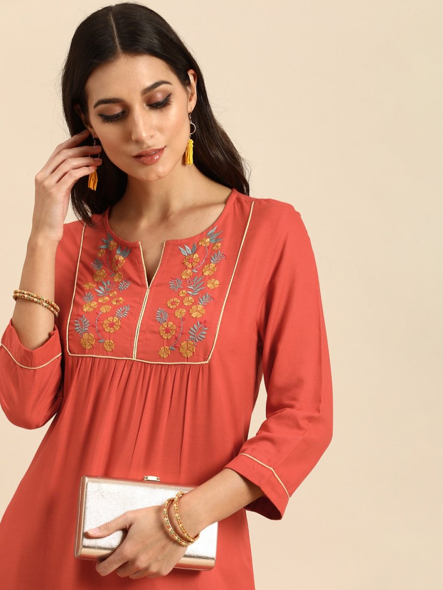 All About You Women Rust Orange Floral Yoke Design Embroidered Thread Work Straight Kurta | Grocsy