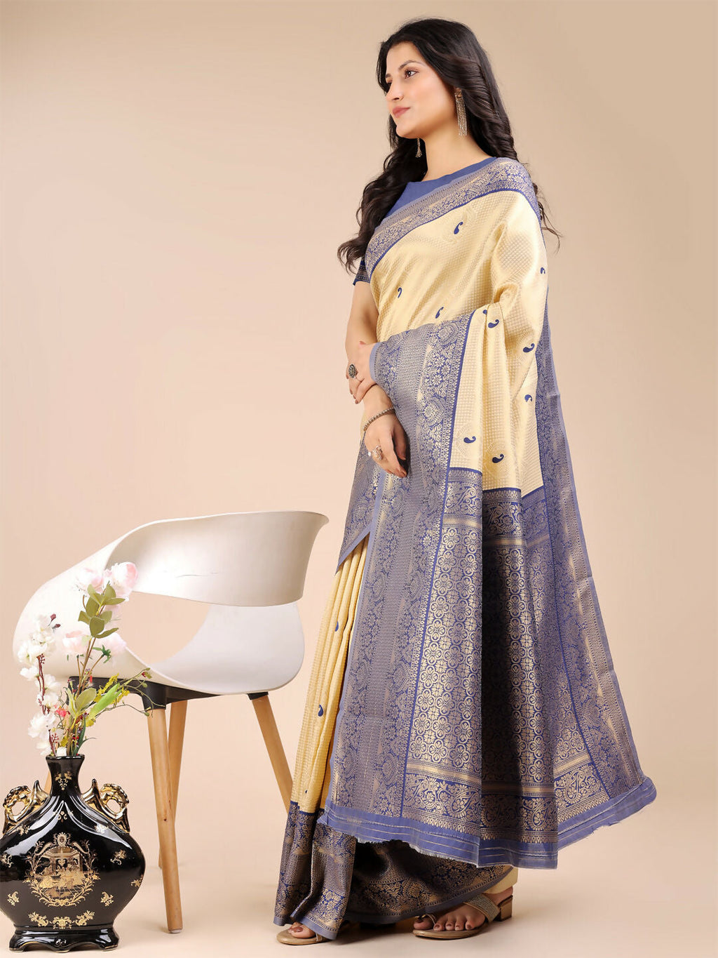 Shree Shyam Fashion Aura Silk Cream Navy Blue Banarasi Silk Saree | Grocsy