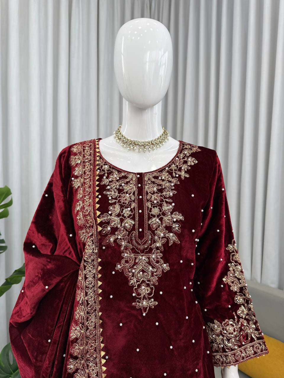 Vastranavya Maroon Viscose Velvet Cording Sequence With Moti Work Top-Bottom With Dupatta | Grocsy