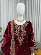 Vastranavya Maroon Viscose Velvet Cording Sequence With Moti Work Top-Bottom With Dupatta | Grocsy