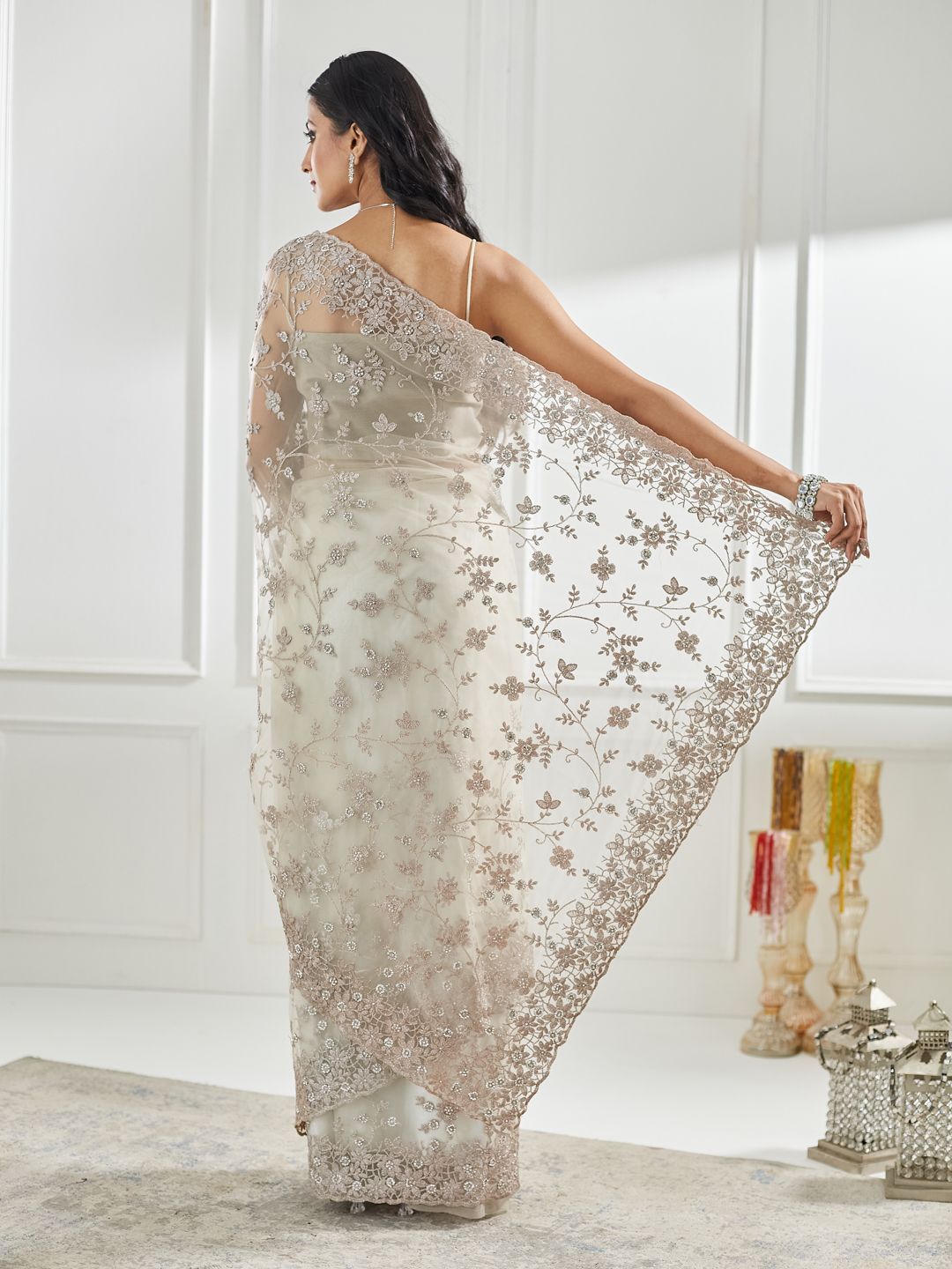 kasee Floral Embellished Beads and Stones Net Saree | Grocsy