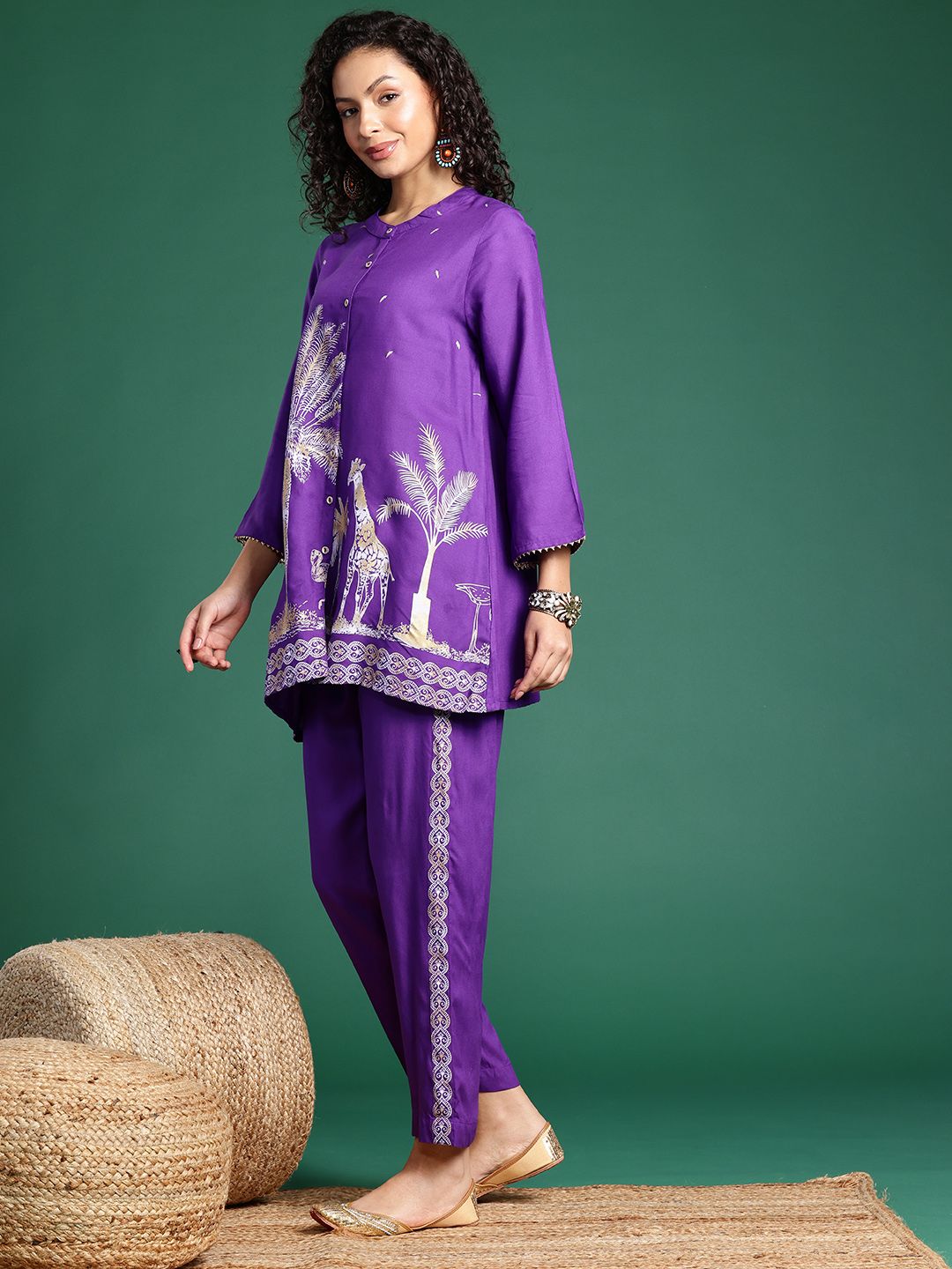 Sangria Ethnic Motifs Printed Gotta Patti Ethnic Kurti With Trousers | Grocsy