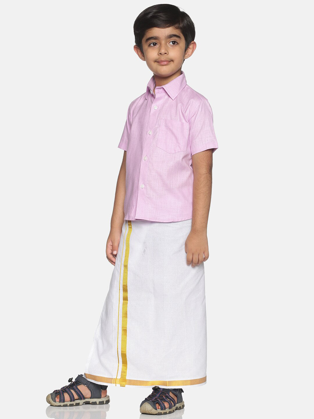 Sethukrishna Pink & White Solid Shirt and Veshti Set For Boys | Grocsy