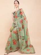 Sangria Olive Green & Red Floral Printed Organza Saree With Sequinned Blouse piece | Grocsy