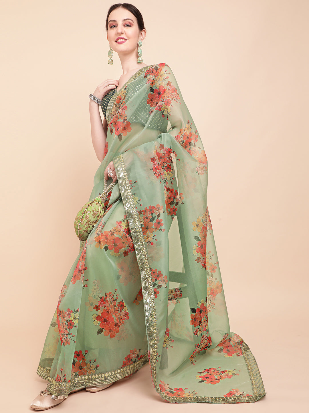 Sangria Olive Green & Red Floral Printed Organza Saree With Sequinned Blouse piece | Grocsy