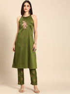 All About You Women Green Floral Print Embroidered Regular Kurta with Trousers | Grocsy
