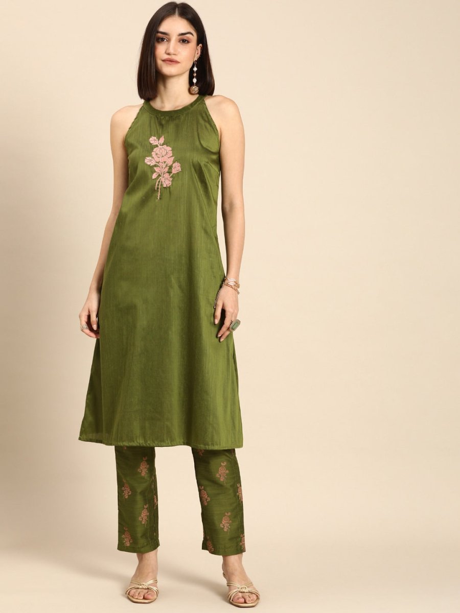 All About You Women Green Floral Print Embroidered Regular Kurta with Trousers | Grocsy
