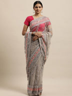 kasee Grey & Fuchsia Floral Embroidered Net Heavy Work Saree | Grocsy