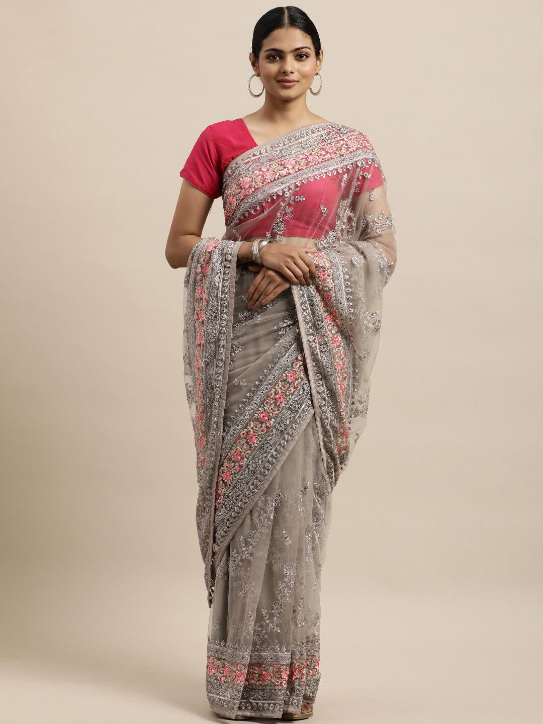 kasee Grey & Fuchsia Floral Embroidered Net Heavy Work Saree | Grocsy