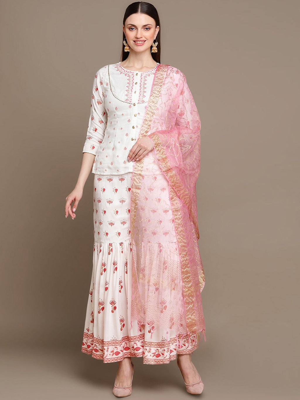 HERE&NOW Floral Embroidered Top with Sharara & Dupatta | Grocsy