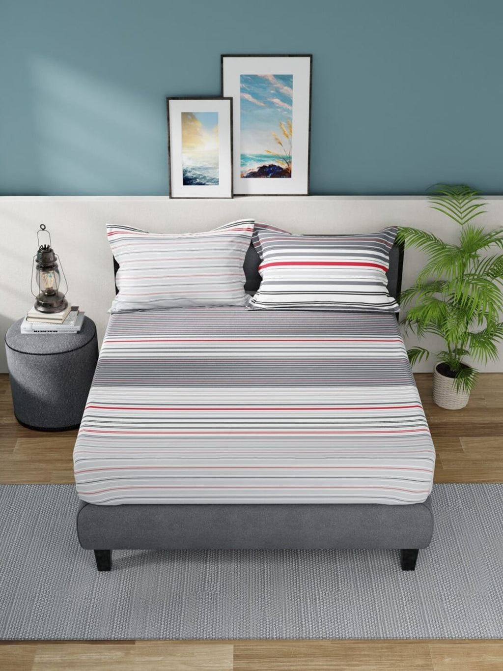 Nautica Bradford Grey & White Striped Cotton 160 TC King Bedsheet With 2 Pillow Covers | Grocsy