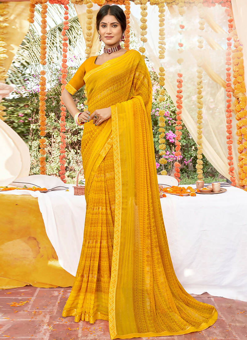 Mustard Georgette Foil Printed Saree with Unstitched Blouse Piece - Avika | Grocsy