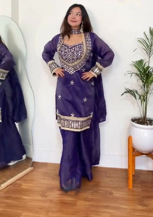 Teeya Creation New Trendy Stylish Real Mirror Work With Lace Border Purple Kurta Set | Grocsy