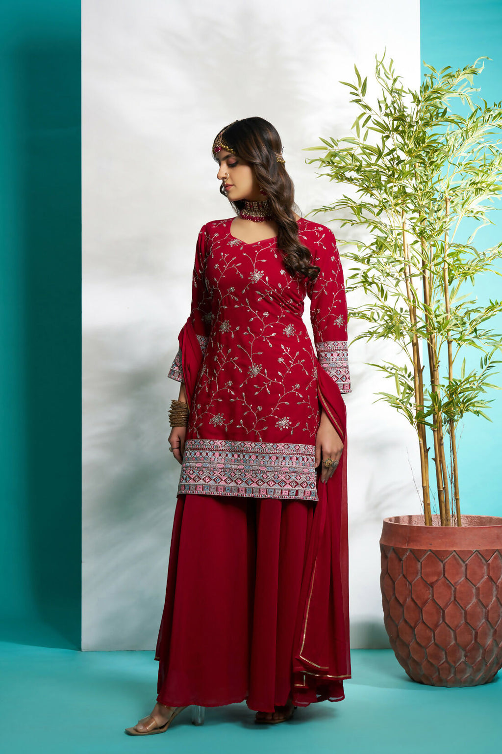 Aayaa Designer Faux Gorgette Embroidery Zari Sequins Thread work Full Flaired plazzo Suit with Dupatta - Maroon | Grocsy