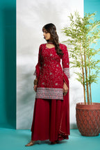 Aayaa Designer Faux Gorgette Embroidery Zari Sequins Thread work Full Flaired plazzo Suit with Dupatta - Maroon | Grocsy