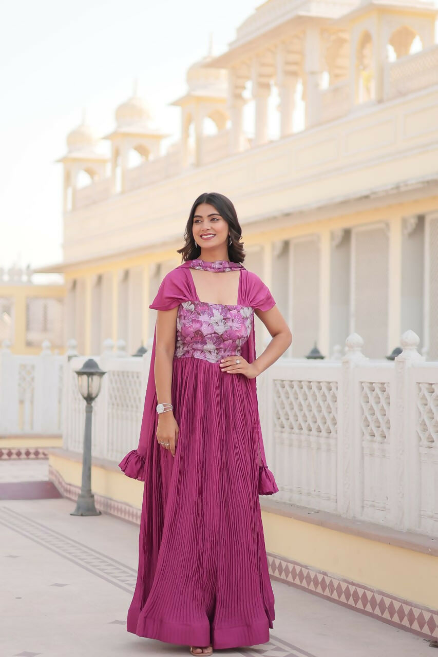 Vastranavya Position Print with Fancy Balloon Sleeves Chinnon Crush Pleating Gown with Dupatta - Pink | Grocsy