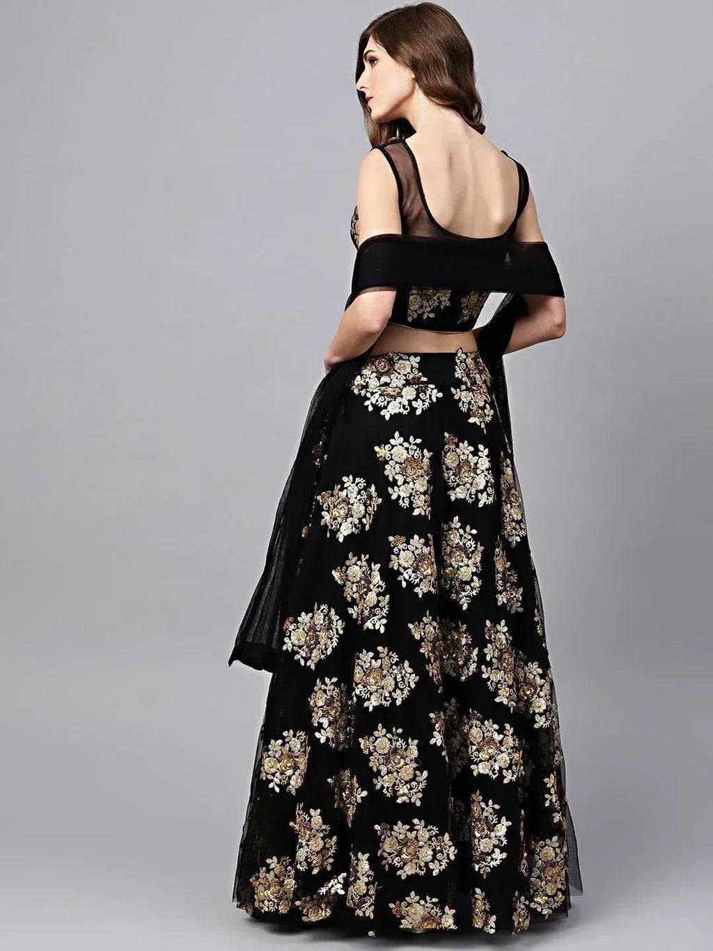 Tulsi Art Black Floral Golden Sequins Work Net Fabric Party Wear Lehenga Choli | Grocsy