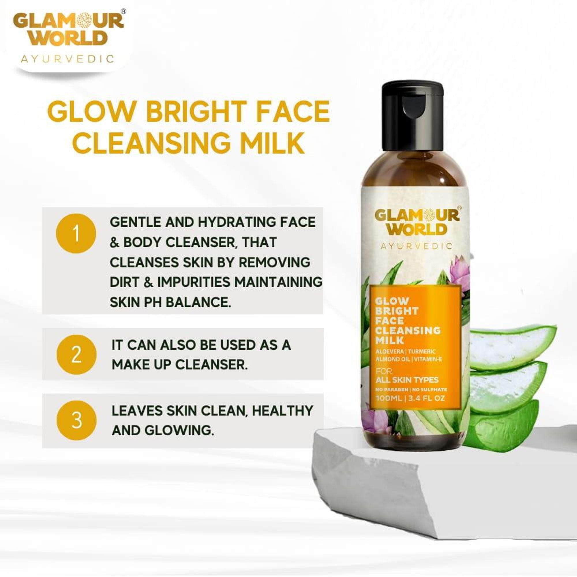 GLAMOUR WORLD AYURVEDIC Glow Bright Face Cleansing Milk | Grocsy