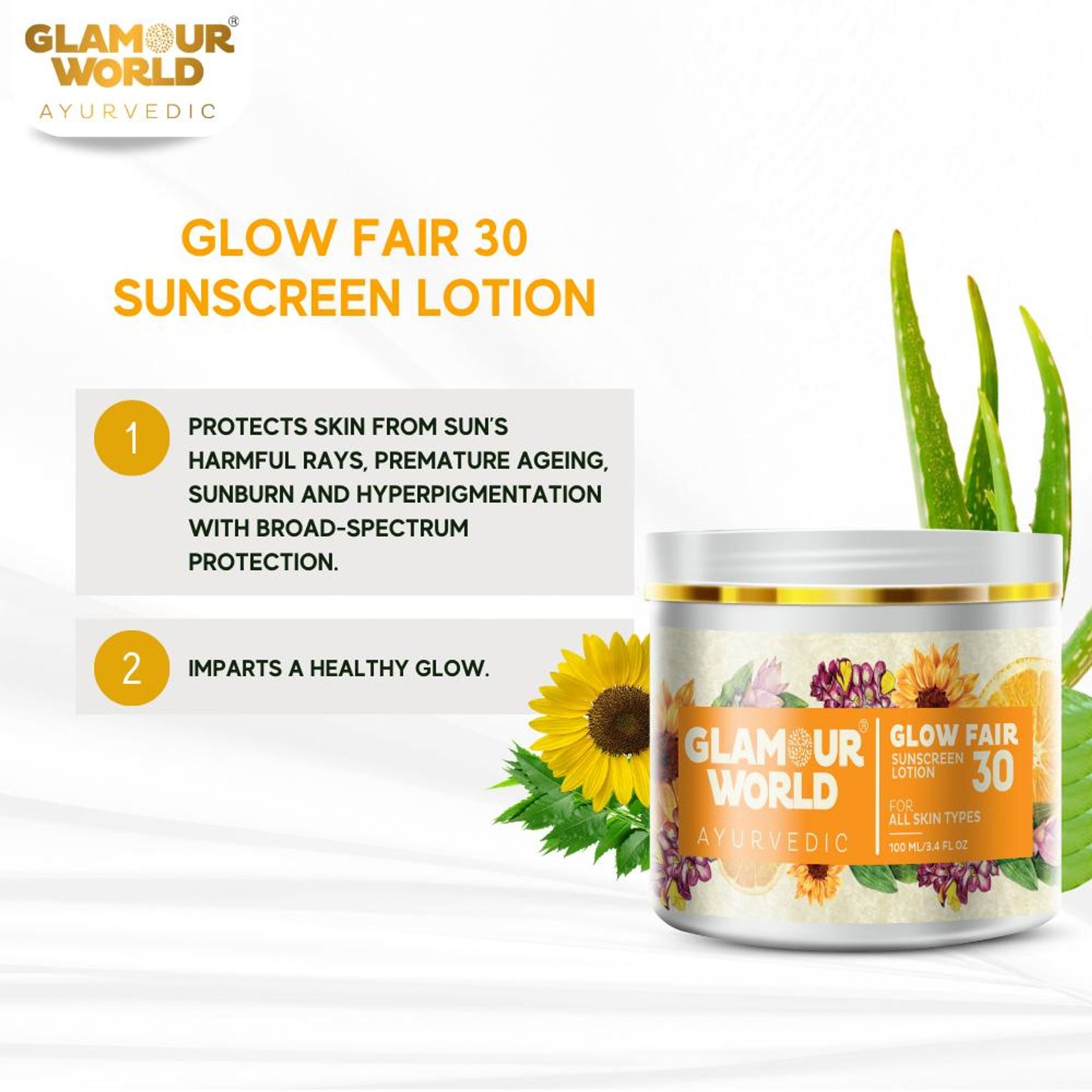 GLAMOUR WORLD AYURVEDIC Glow Fair 30 Sunscreen Lotion | Grocsy