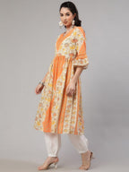 Aks Floral Printed V-Neck Bell Sleeves Pleated Cotton Kurta | Grocsy