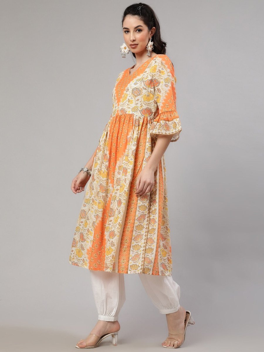 Aks Floral Printed V-Neck Bell Sleeves Pleated Cotton Kurta | Grocsy