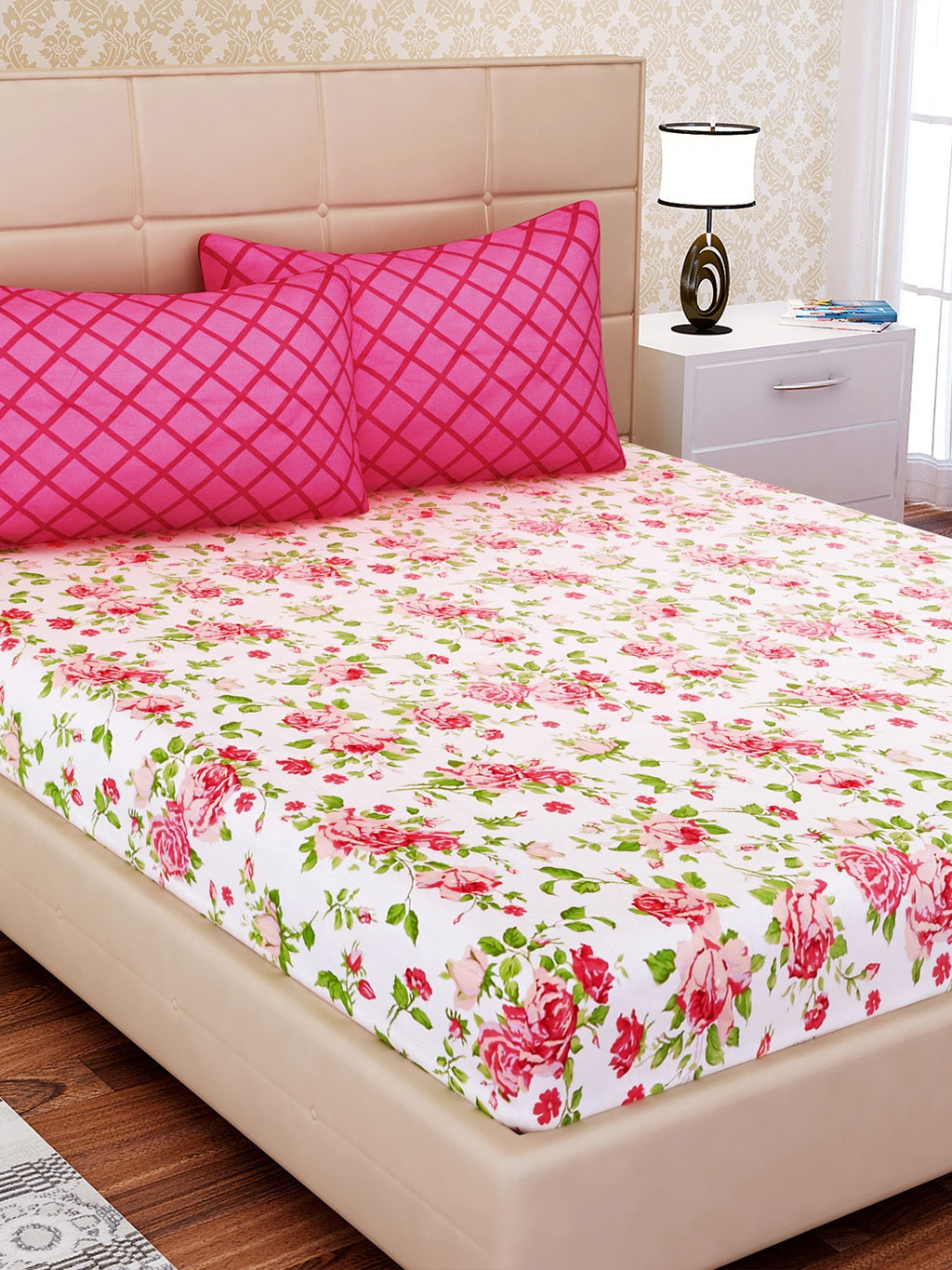 SEJ by Nisha Gupta White & Pink Floral 144 TC Cotton 1 King Bedsheet with 2 Pillow Covers | Grocsy