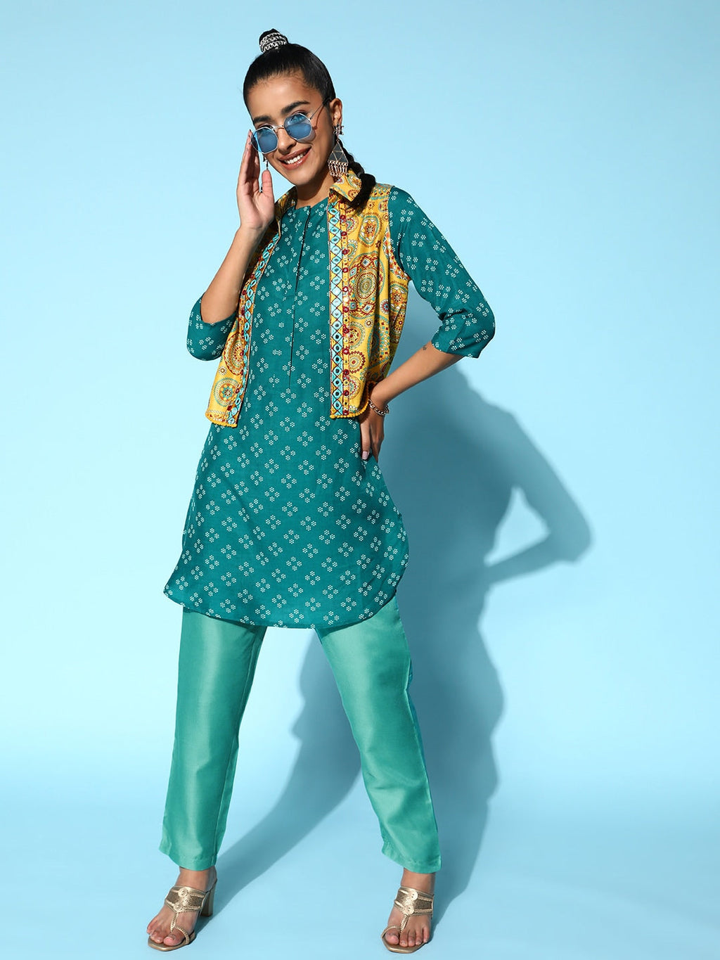 Sangria Printed Kurta Set with Embroidered Ethnic Jacket | Grocsy