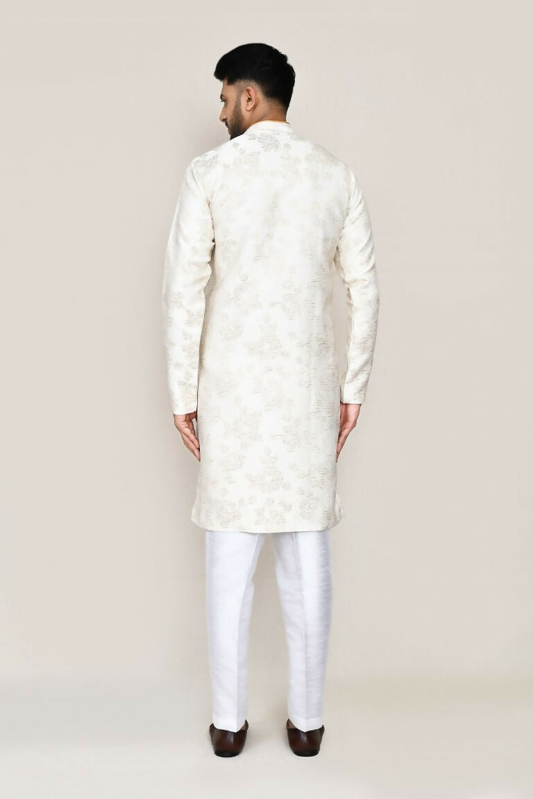 Joban Fashion Cream Colored Jacquard Silk Fabric Kurta With Straight Fit Pant | Grocsy