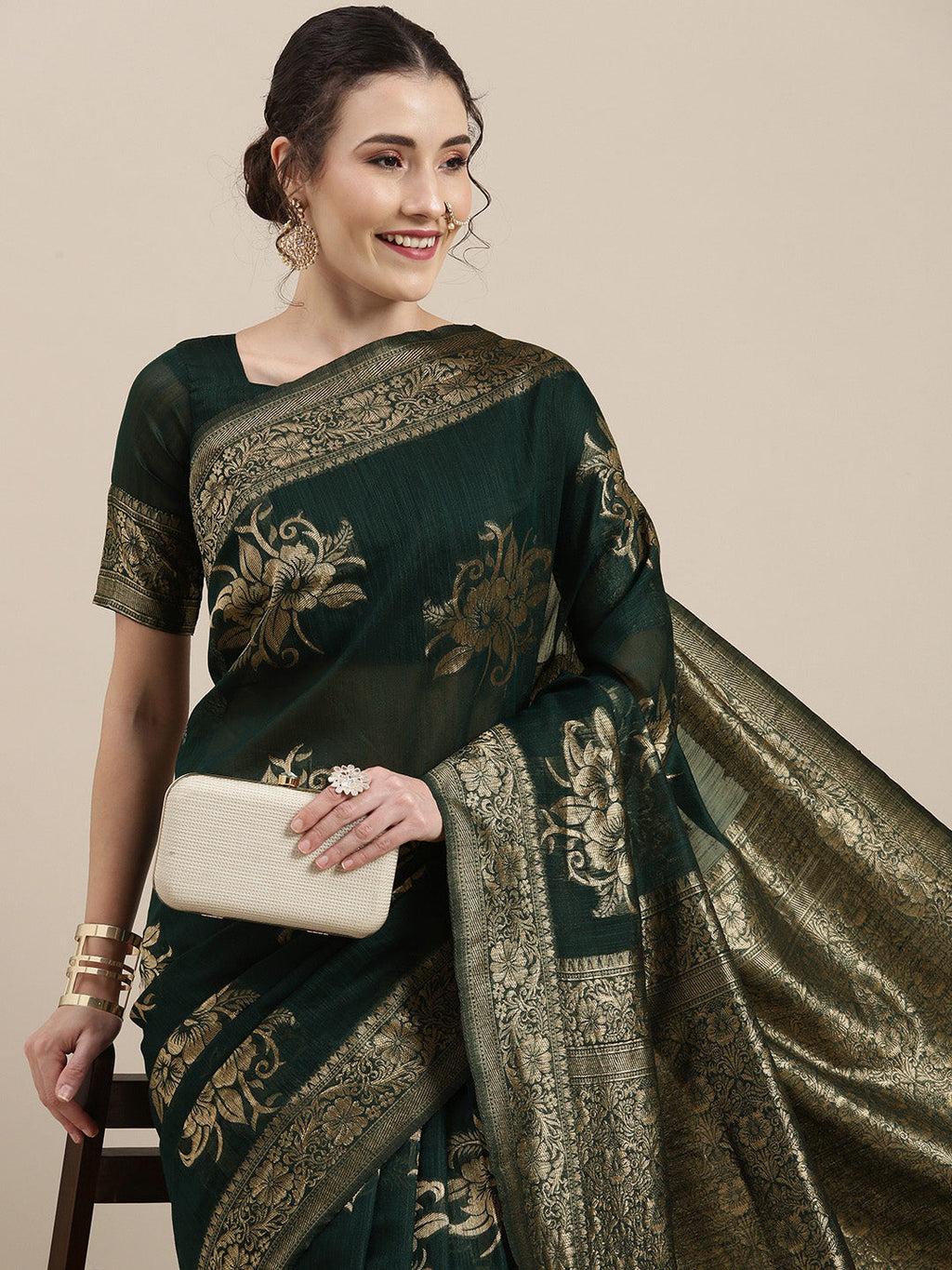Saree Mall Green Floral Linen Blend Banarasi Saree | Grocsy