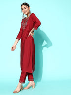Sangria Women Maroon Ethnic Motifs Embroidered Thread Work Kurta With Trousers & Dupatta | Grocsy
