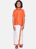 Sethukrishna Orange & White Solid Shirt with Dhoti Set For Boys | Grocsy