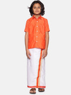 Sethukrishna Orange & White Solid Shirt with Dhoti Set For Boys | Grocsy