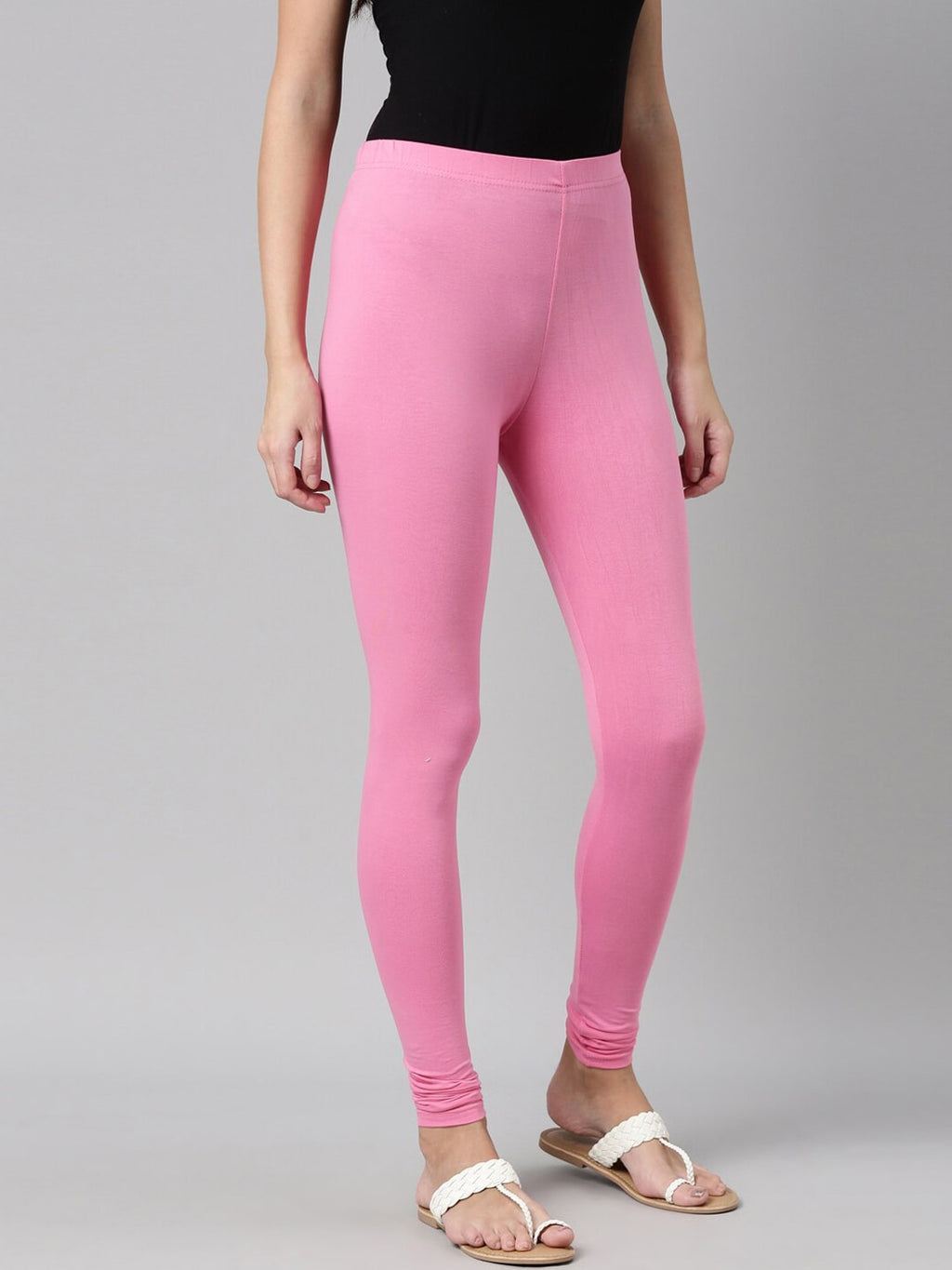 Souchii Pink Solid Slim-Fit Churidar-Length Leggings | Grocsy