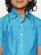 Sethukrishna Boys Turquoise Blue & White Shirt with Dhoti | Grocsy