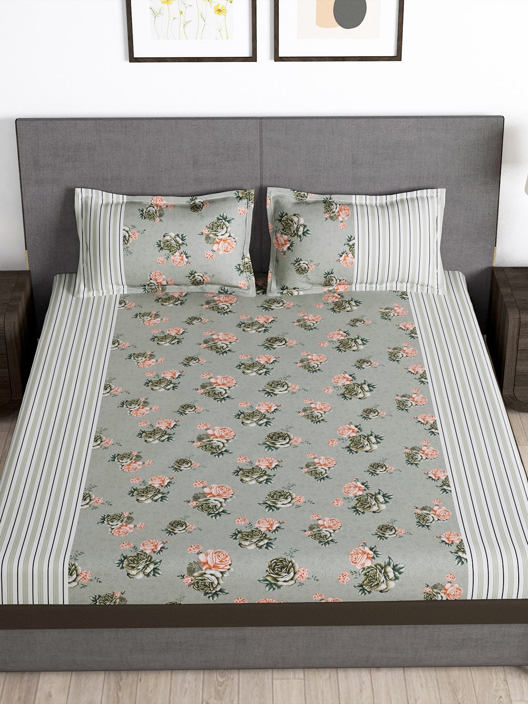 Story@home Arena Grey & Pink Floral Printed 180 TC Bedsheet & Pillow Covers | Grocsy