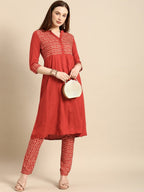 All About You Women Red & Cream Printed Kurta with Trousers | Grocsy