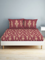 SPACES Aurum Red Ethnic Motifs Pure Cotton 140 TC Queen Bedsheet with 2 Pillow Covers | Grocsy