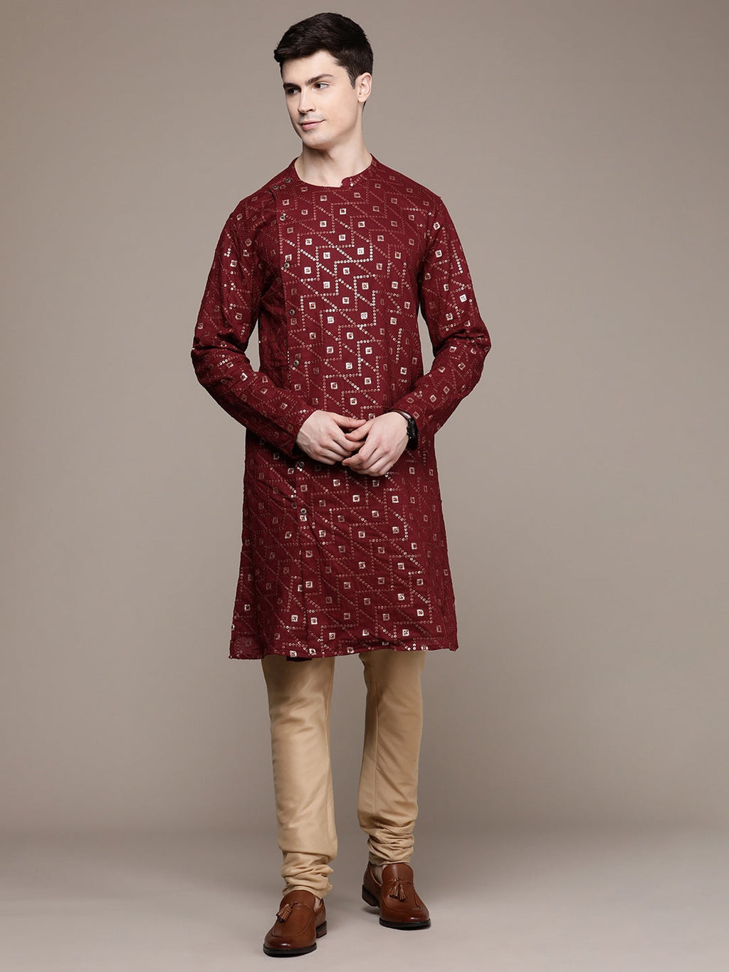 House of Pataudi Ethnic Motifs Embroidered Pure Cotton Sequinned Jashn Kurta | Grocsy