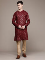 House of Pataudi Ethnic Motifs Embroidered Pure Cotton Sequinned Jashn Kurta | Grocsy