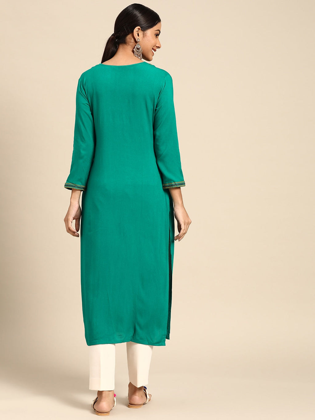 Sangria Women Green Floral Embroidered Mirror Work Kurta | Grocsy