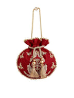 Masq Red & Gold-Toned Embellished Embroidered Potli Clutch | Grocsy