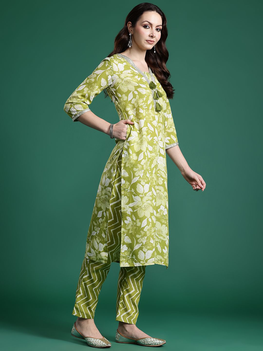 Indo Era Women Floral Printed Regular Beads and Stones Kurta with Trousers & With Dupatta | Grocsy